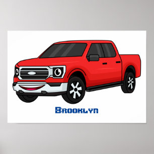 Póster Cute red pickup truck cartoon illustration