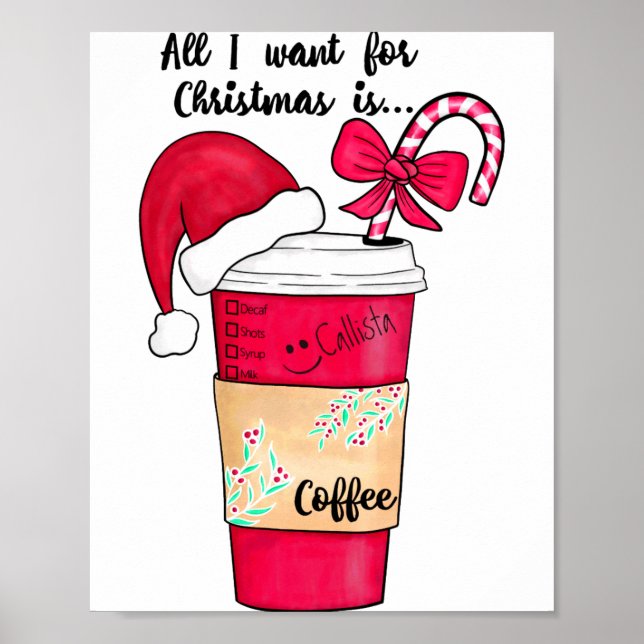 Póster Cute Red Santa Hat Coffee Candy Cane Christmas  (Frente)