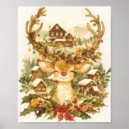 Póster Cute Reindeer Christmas Vintage Watercolor 