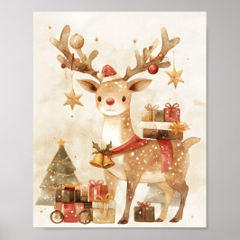 Póster Cute Reindeer with Christmas Gifts Wall Art Decor