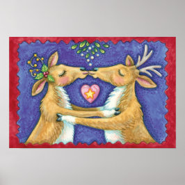 Póster Cute Reno de Navidad, Beso Romántico con Muérdago