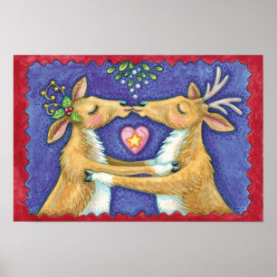 Póster Cute Reno de Navidad, Beso Romántico con Muérdago