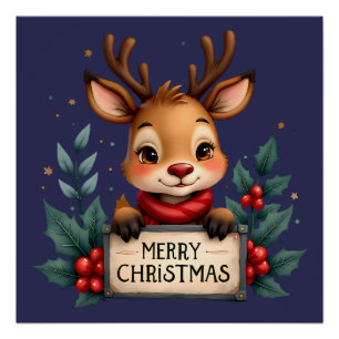Póster Cute Reno de Navidad con Acebo y Letrero