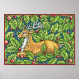 Póster Cute Reno de Navidad en el Bosque con Acebo