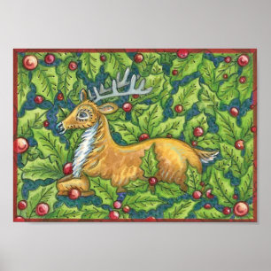 Póster Cute Reno de Navidad en el Bosque con Acebo