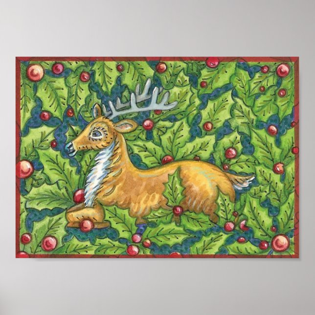 Póster Cute Reno de Navidad en el Bosque con Acebo (Frente)
