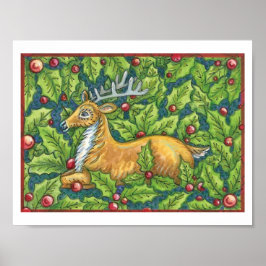 Póster Cute Reno de Navidad en el Bosque con Acebo