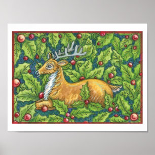 Póster Cute Reno de Navidad en el Bosque con Acebo