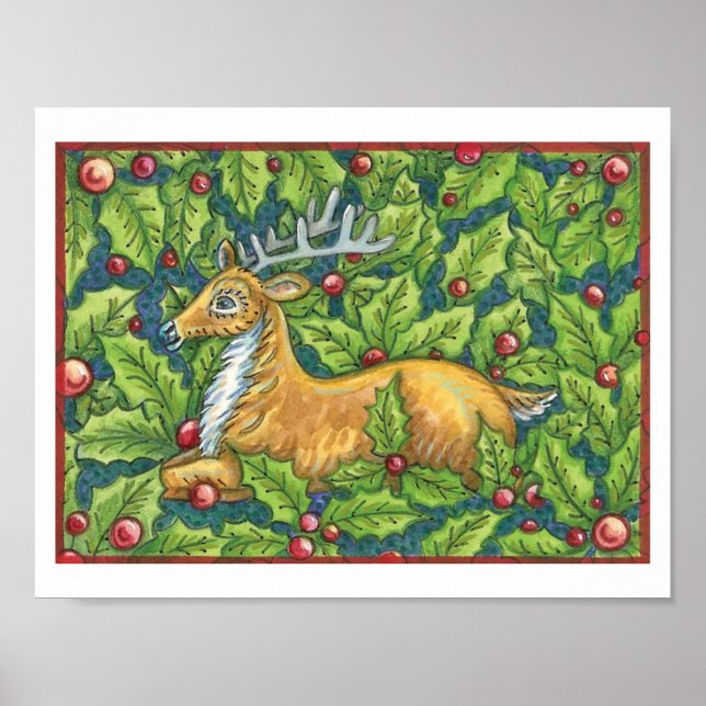 Póster Cute Reno de Navidad en el Bosque con Acebo (Frente)