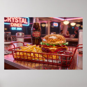 Póster Cute Retro Diner Crystalline Burger y Patatas Fr