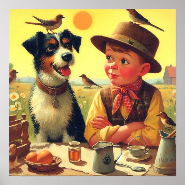 Póster Cute retro perro y pintura infantil (Frente)