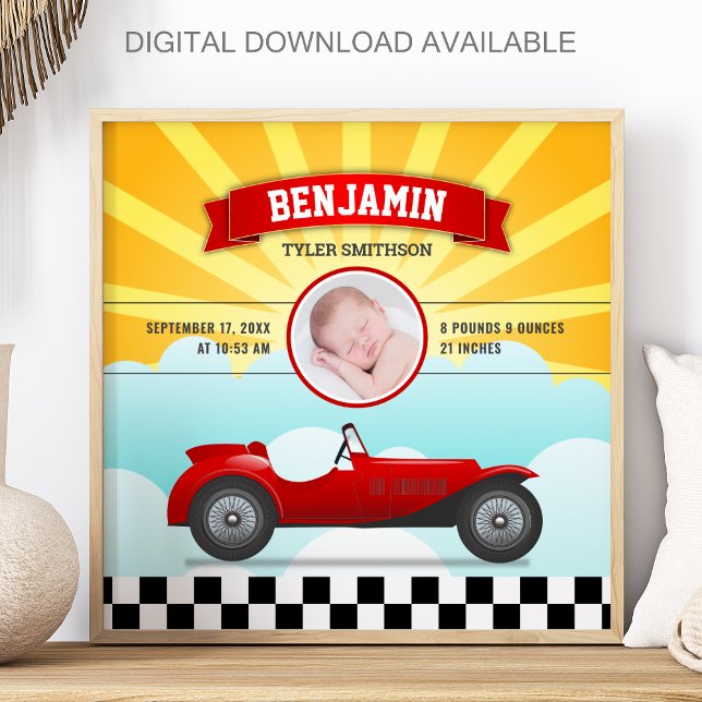 Póster Cute Retro Red Race Car Baby Photo Birth Stats (Subido por el creador)
