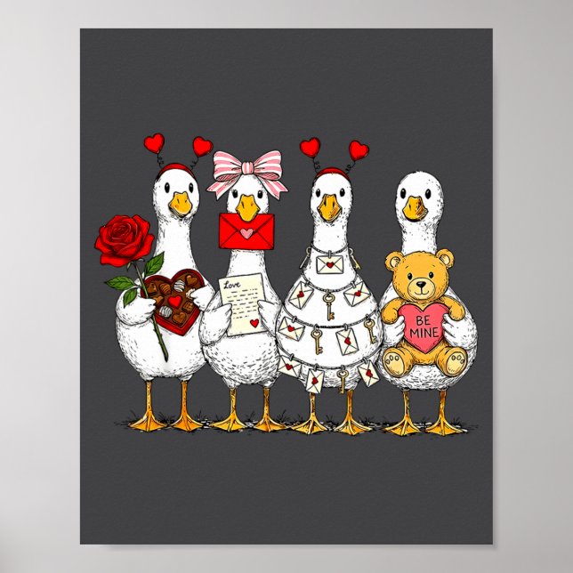 Póster Cute Retro Valentine Silly Gooses Duck Love Couple (Frente)