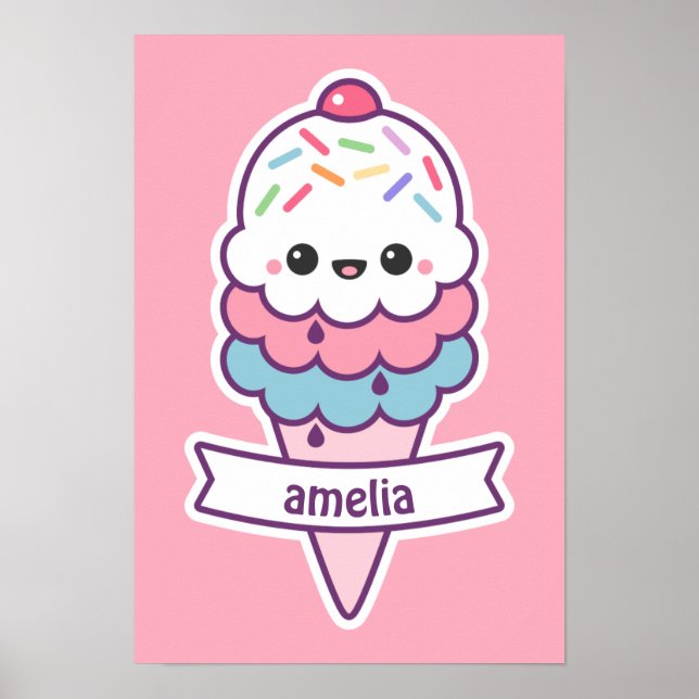 Póster Cute Rosa Helado Crema Cono (Frente)
