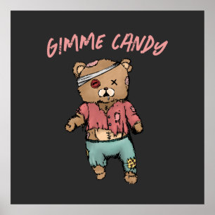Póster Cute rosa Teddy Bear Zombie Gimme Candy Halloween
