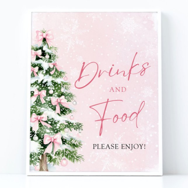 Póster Cute rosado se inclina por la comida y bebida de á (Cute Pink Bows Christmas Tree Food and Drinks Sign)