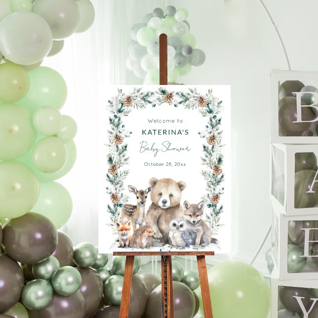 Póster Cute Rustic Woodland Animals Baby Shower (Glue this 11x14 inch baby shower welcome sign to foam board for a rustic, woodland animal party.)