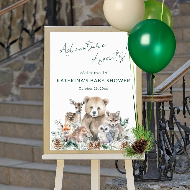Póster Cute Rustic Woodland Animals Baby Shower (This woodland animal baby shower welcome sign features  winter greenery and a modern script.)