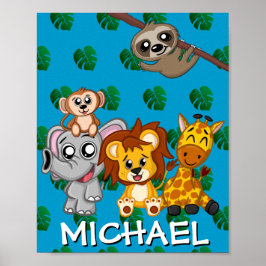 Póster Cute Safari Animales Personalizado Jungla Nombre A