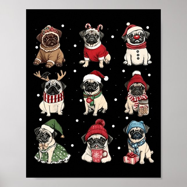 Póster Cute Santa Pug Funny Xmas Ilumina Perros Lover Hom (Frente)