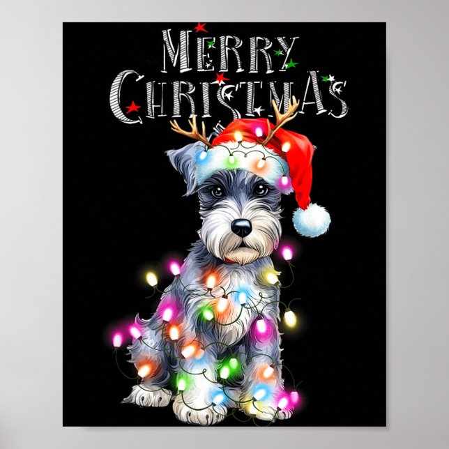 Póster Cute Schnauzer Christmas Lights Xmas Dog Santa Hat (Frente)