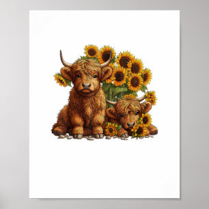 Póster Cute Scotland Highland Cow Sunflower Día de la Mad