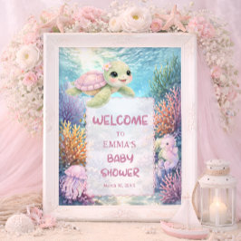 Póster Cute Sea Turtle Girl Baby Shower Welcome