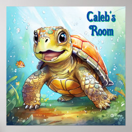 Póster Cute Sea Turtle in the Ocean Cartoon Personalized
