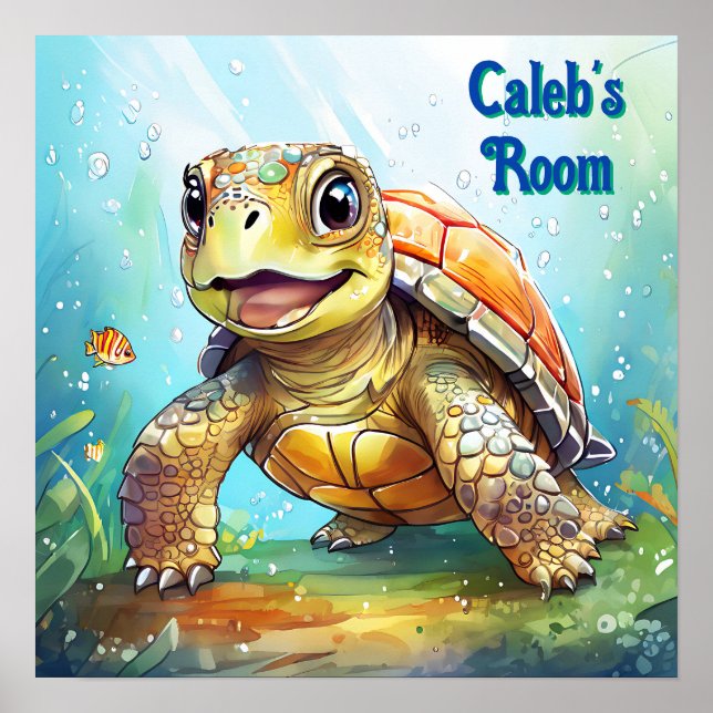 Póster Cute Sea Turtle in the Ocean Cartoon Personalized (Frente)