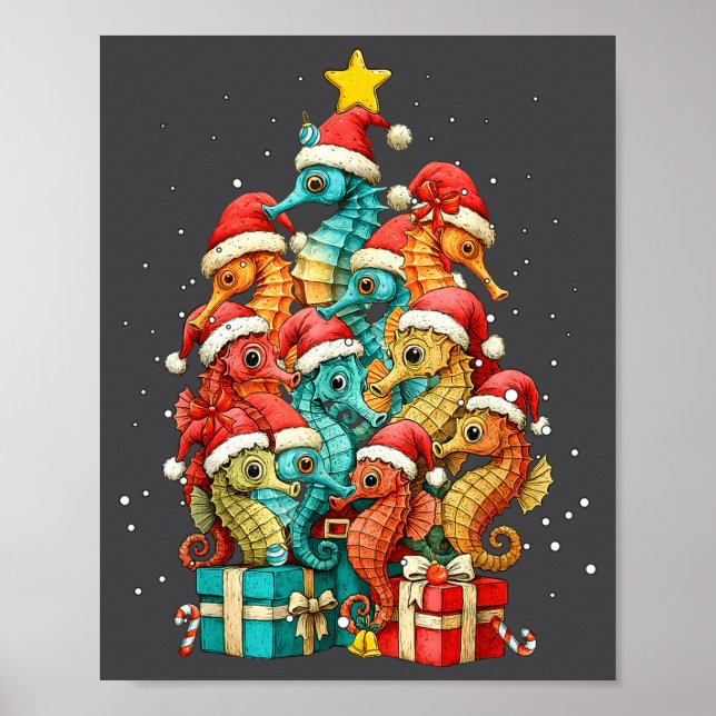 Póster Cute Seahorse Le Sea Fish Christmas Tree Xmas Hat  (Frente)