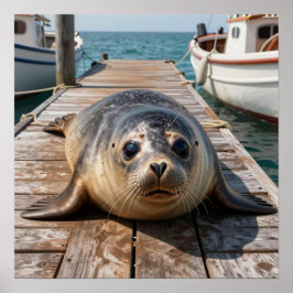 Póster Cute Seal Laying on Boat Dock Ocean Pier