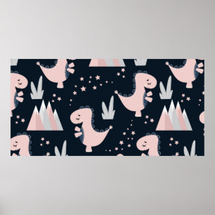 Póster Cute seamless pattern with pink dinosaurs on a dar