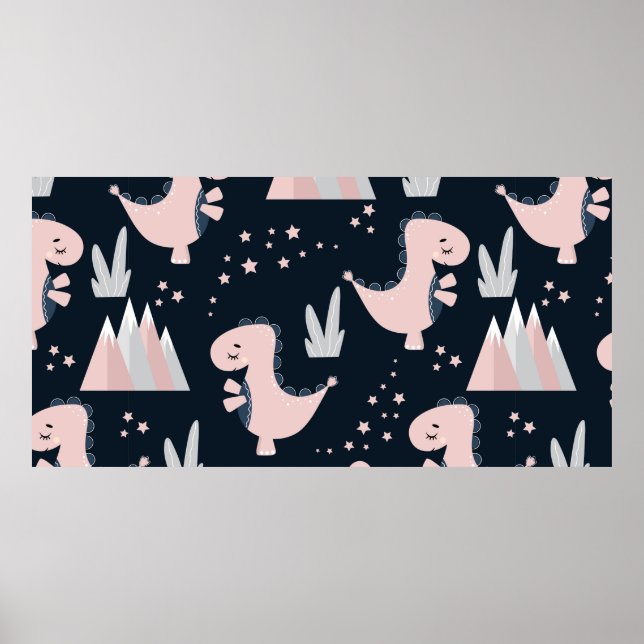 Póster Cute seamless pattern with pink dinosaurs on a dar (Frente)