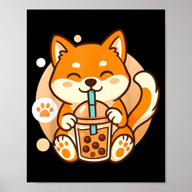 Póster Cute Shiba Inu Dog Bubble Boba Tea Anime Kawaii Ne (Frente)