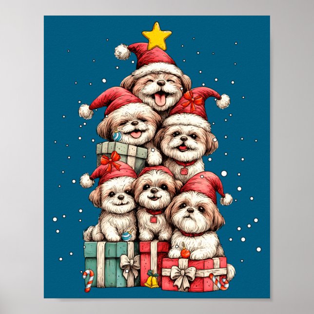 Póster Cute Shih Tzu Le Dog Christmas Tree Xmas Hat Long  (Frente)
