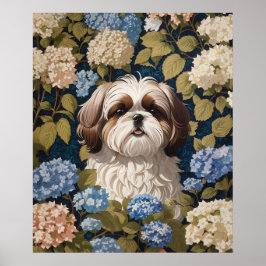 Póster Cute Shih Tzu Puppy Flores de hidrangea azul