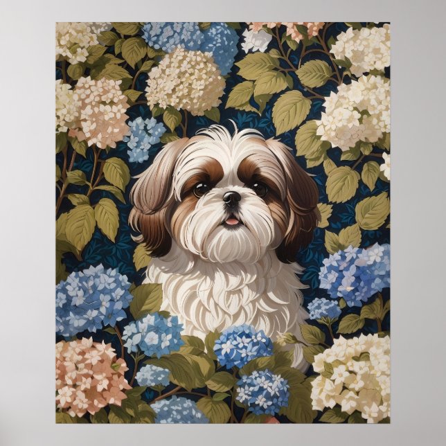 Póster Cute Shih Tzu Puppy Flores de hidrangea azul (Frente)