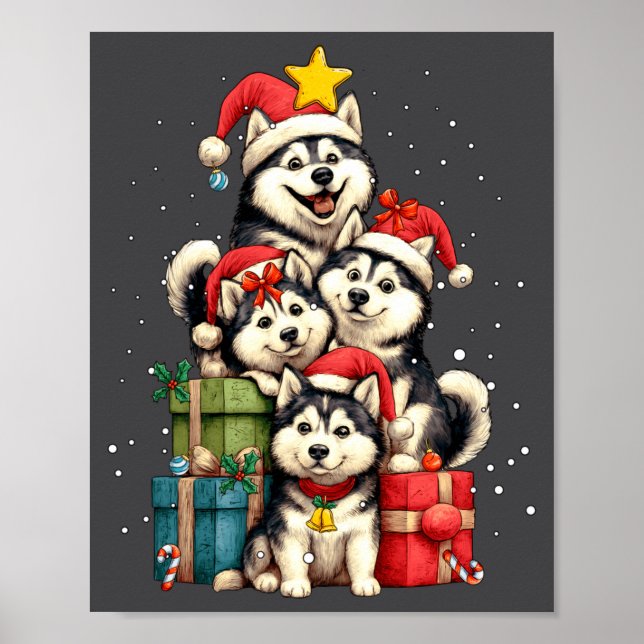 Póster Cute Siberian Husky Le Dog Christmas Tree Xmas Hat (Frente)
