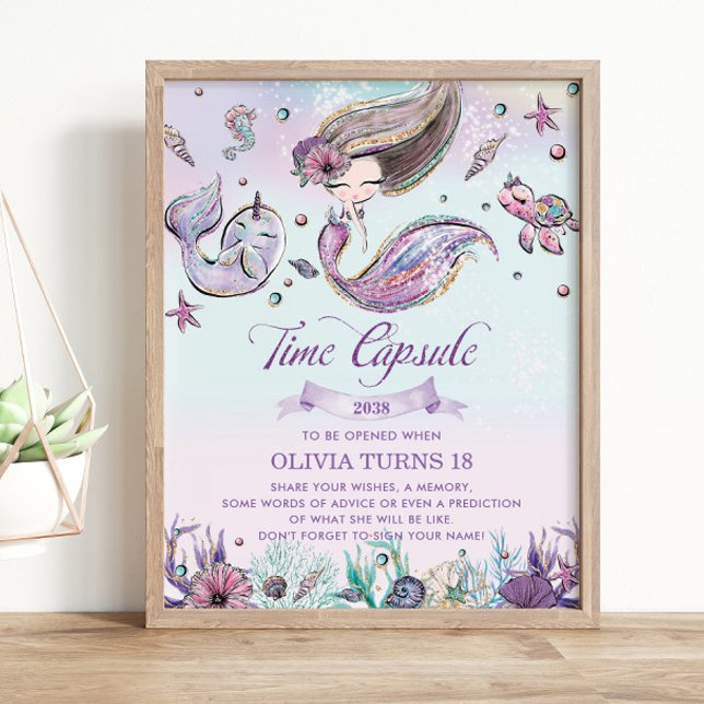 Póster Cute sirena bajo la cápsula del cumpleaños del mar (zazzle-mermaid-brunette-girl-under-the-sea-1st-birthday-time-capsule-sign-poster-activity-printed)