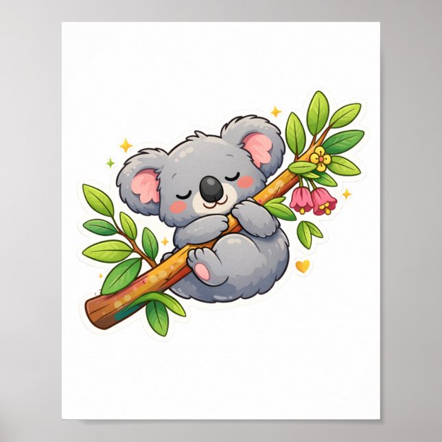 Póster Cute Sleeping Koala on Eucalyptus Branch Kawaii (Frente)