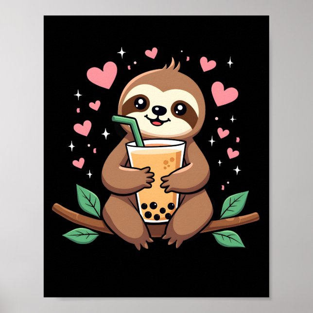 Póster Cute Sloth Boba Bubble Milk Tea Kawaii Women Girls (Frente)