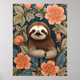 Póster Cute Sloth Elegant Floral William Morris Inspired