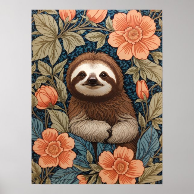 Póster Cute Sloth Elegant Floral William Morris Inspired (Frente)