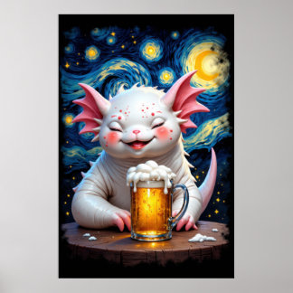 Póster Cute smiling monster with a mug of beer and starry