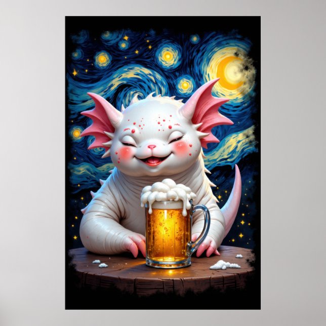 Póster Cute smiling monster with a mug of beer and starry (Frente)