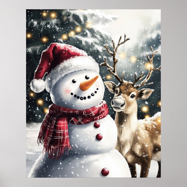 Póster Cute Snowman and Reindeer Christmas Wall Art (Frente)