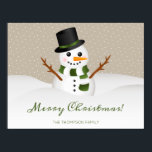 Póster Cute Snowman On Beige And Custom Name Christmas<br><div class="desc">Destei's cartoon illustration of a cute snowman. The snowman is wearing a black hat and a scarf that has green and white stripes. The background color is beige with a pattern of white dots. Under the snowman it reads "Merry Christmas!" together with a personalizable text area for a name in...</div>
