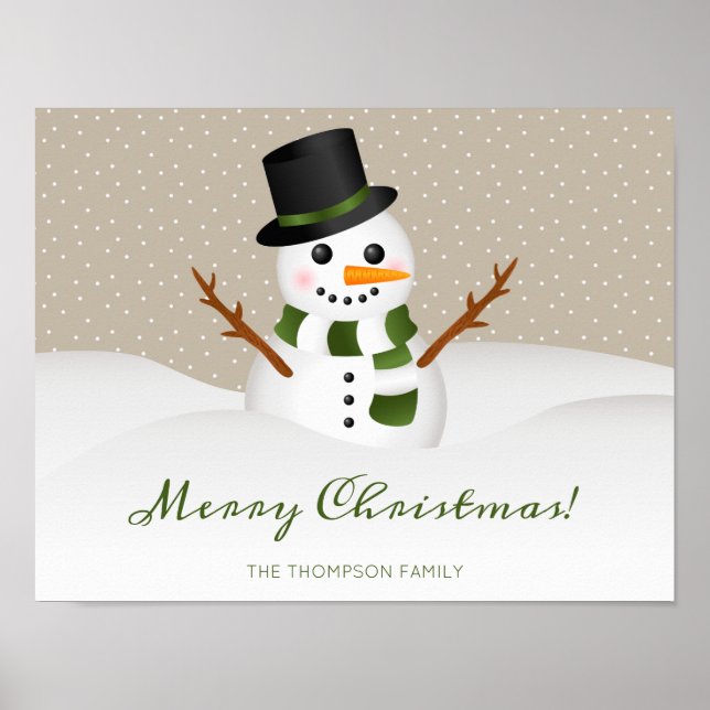 Póster Cute Snowman On Beige And Custom Name Christmas (Frente)