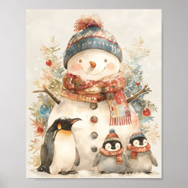 Póster Cute Snowman Penguins Nursery watercolor Holiday