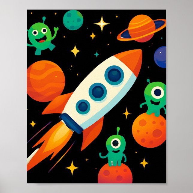 Póster Cute Space Rocket & Aliens Art (Frente)